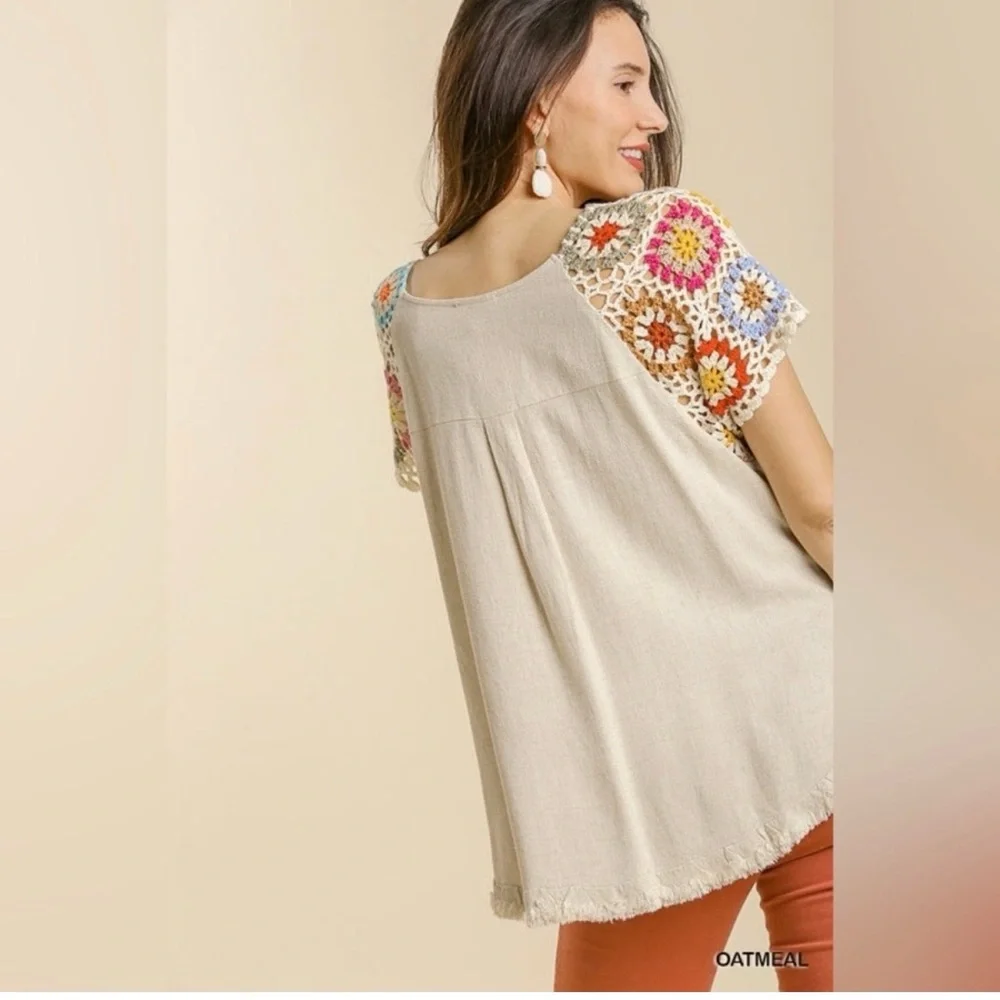 UMGEE Frayed Hem Linen Blend Colorful Crochet Sleeve Boho Tunic Top Size Small - Picture 3 of 14